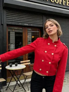 Women's Stand Collar Double Button Buttons Short Military Jacket, Stylish and Trendy Casual Outerwear for Everyday Wear