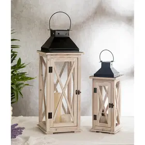 Large Wooden Candle Lanterns Decorative Set of 2, Rustic Farmhouse Whitewash Floor Lanterns, Indoor/Outdoor Hanging Lanterns for Home Decor (No Glass)