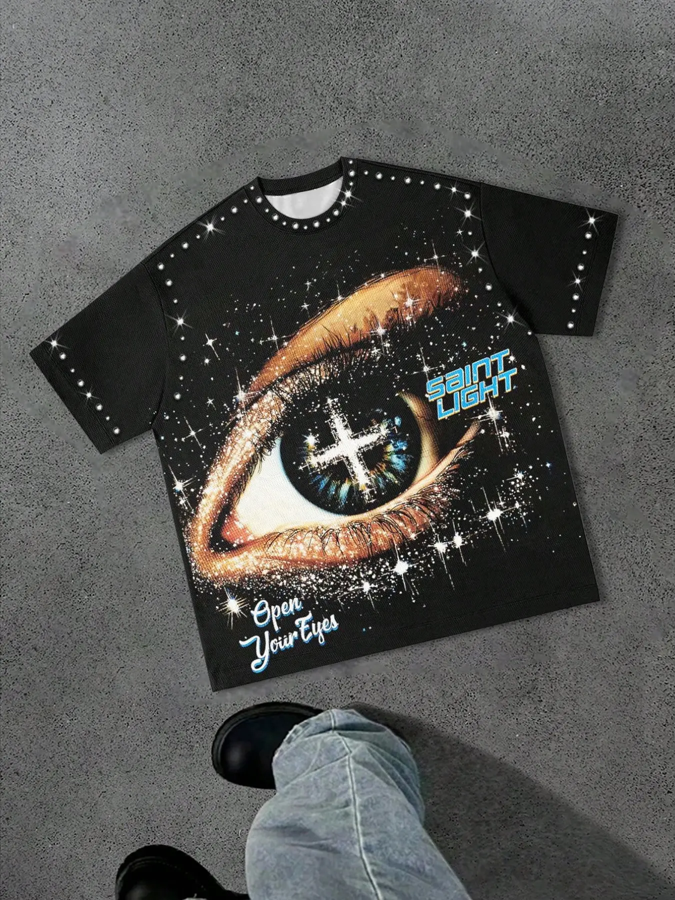 Cosmic Starry Eye Graphic Short Sleeve Tee, Rhinestone Studded Edge Detail Large Art Portrait Front Print Oversized Drop Shoulder Unisex Casual Top, Y2K Futuristic Streetwear Daily Commute Wear Viral Trending On TikTok Relaxed Fit Loose Pullover T Shirt