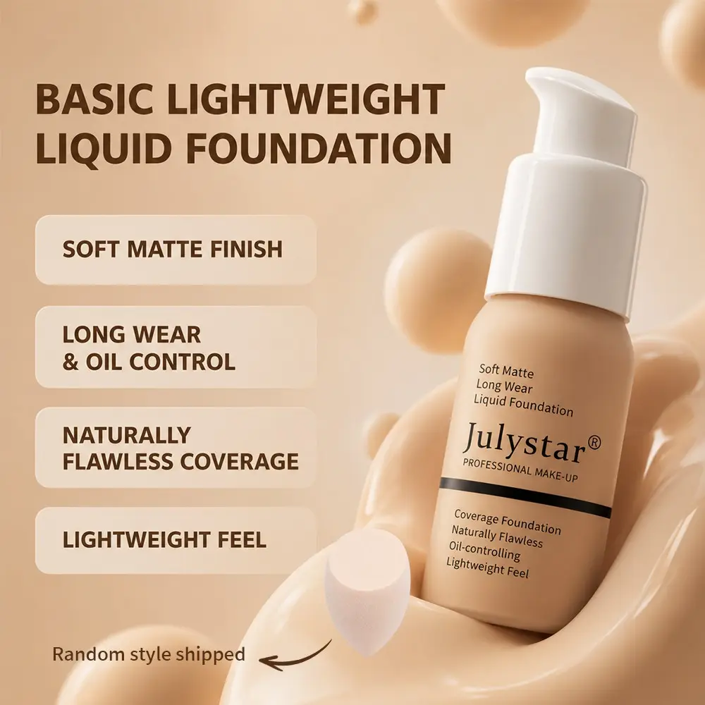 Julystar Soft Matte Long Wear Liquid Foundation With Free Beauty Sponge, Hydrating Moisturizing Oil-Control Buildable Coverage Base, 10 Shades Flawless Concealing Makeup for Summer Festival Grad Daily All Skin Tones