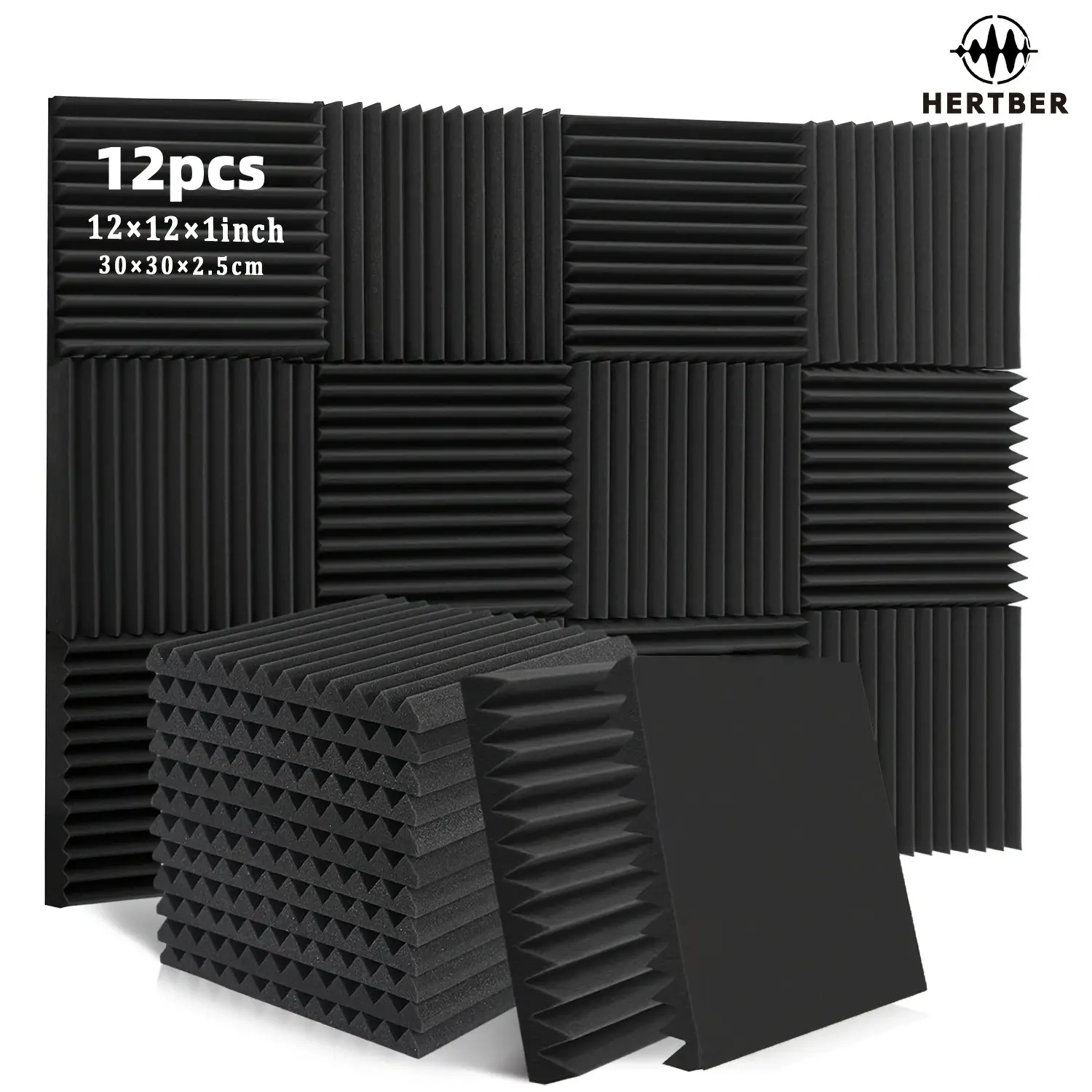 HERTBER 12Pcs Acoustic Foam Panels 30×30×2.5cm High Density Sound Absorbing Foam Noise Reduction Echo Dampening Panels for Recording Studio Guitar Piano Room Home Theater Game Room Wall Sound Insulation