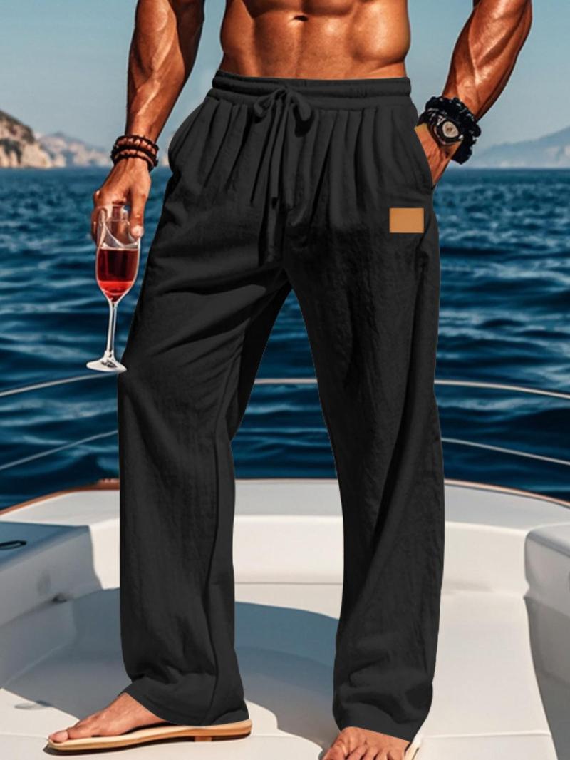 Men's Solid Color Linen Pants, Loose Casual Comfy Breathable Trousers, Casual Beach Pants for Vacation Holiday, Men Bottoms for Summer