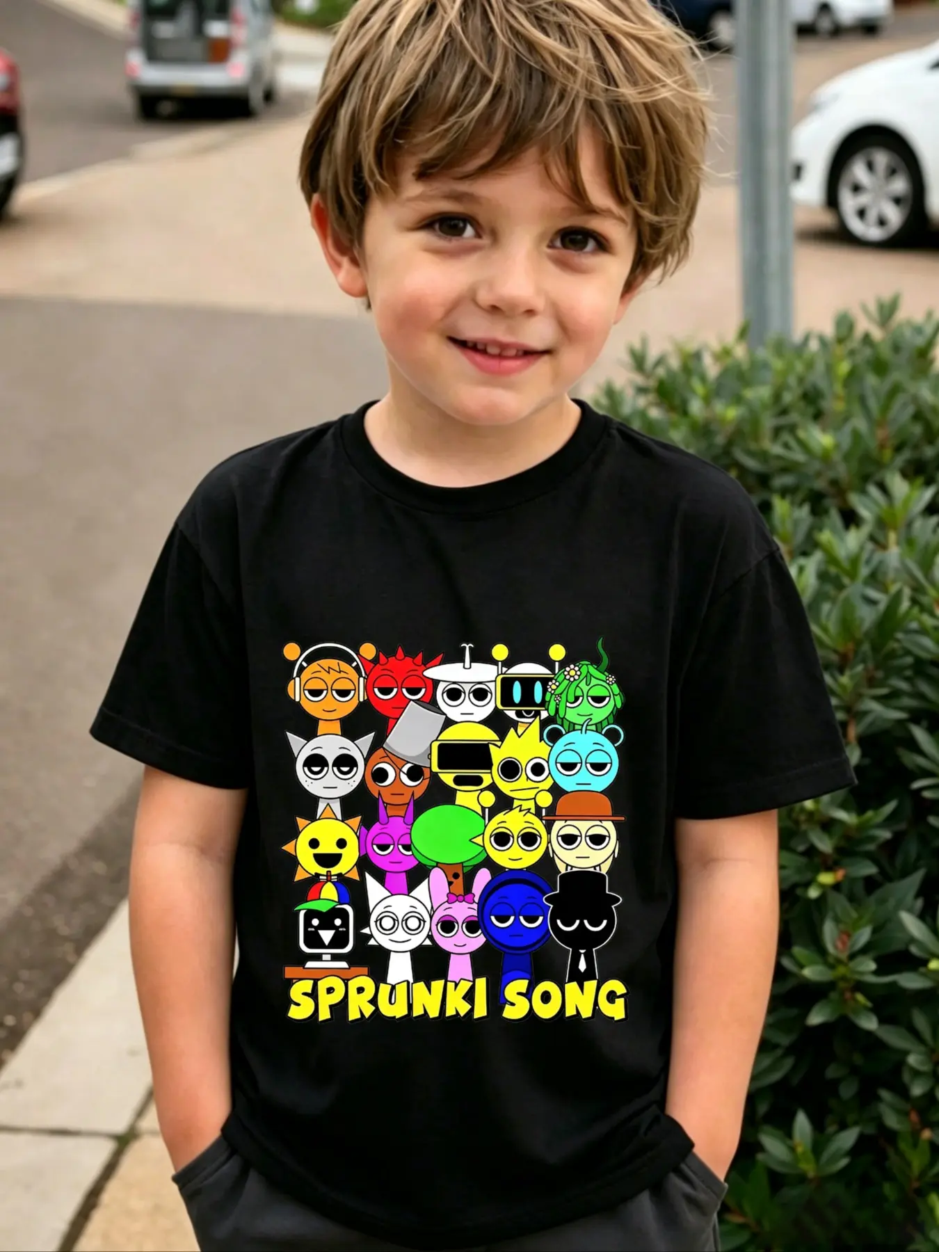 Boys Summer T-Shirt Short Sleeve Sprunki Korean Style, Classic Trendy Design, Casual Daily Wear, Comfortable Loose Fit, Cartoon Pattern
