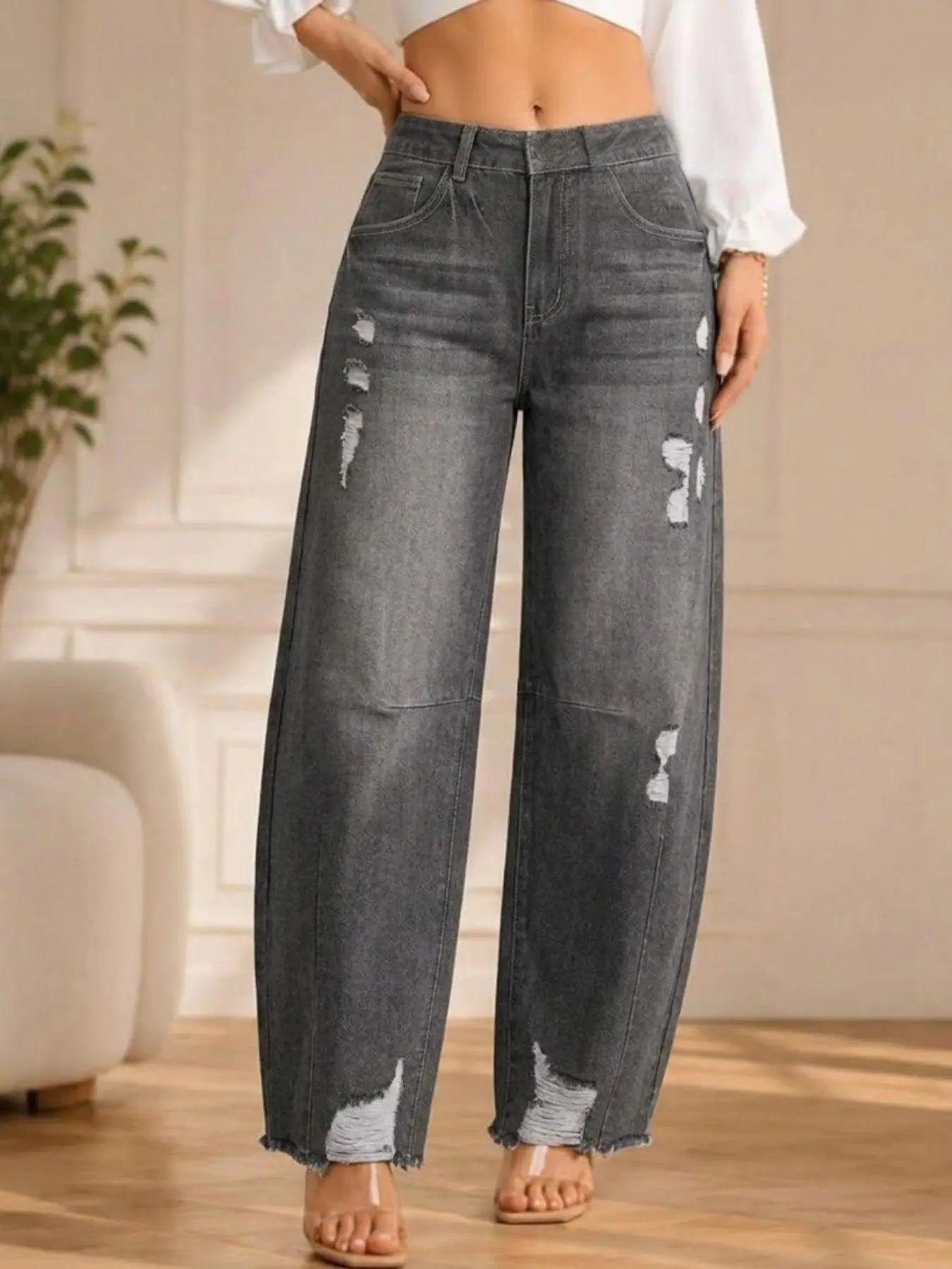 Lkuily Vintage Grey High Waist Ripped Banana Jeans, Frayed Hem Curved Wide Leg Harem Barrel Pants, American Street Retro Loose Slim Denim Trousers For Women