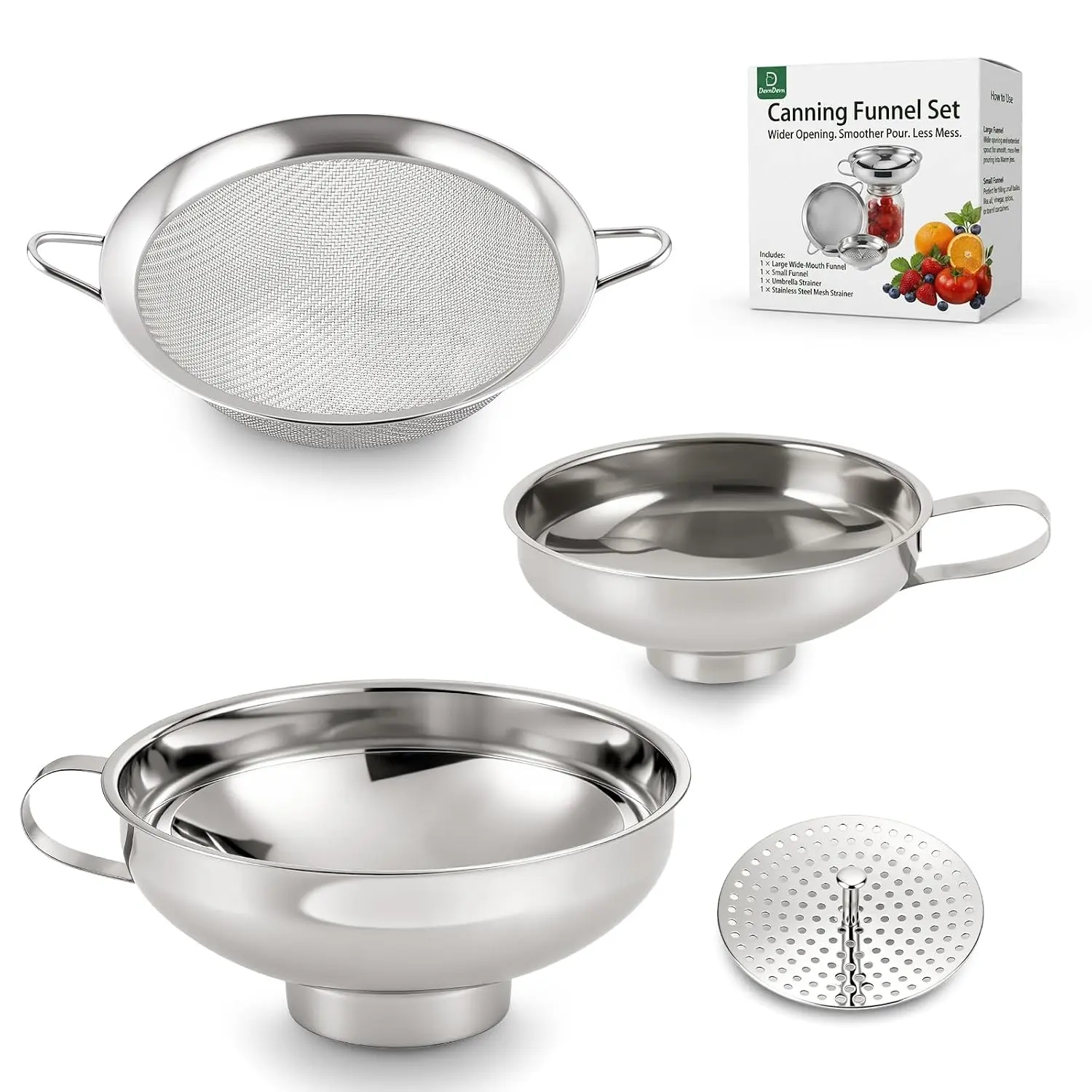 4-in-1 Canning Funnel Set, Stainless Steel Wide Mouth & Regular Funnels with Extended  Spout, Umbrella Strainer & Mesh Filter, -Grade Kit for Large , Jars, Oil, Kitchen Use