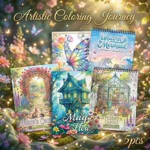 5pcs Adult Coloring Books - Flora's Canvas, CRYSTAL BUTTERFLY, Magic House, Unicorn & Mermaid Themes | Thick Paper | Intricate, Vivid Designs for Stress Relief, Relaxation & Mindfulness - Perfect Gift for Adults & Elderly for Christmas, Birthday & Holiday