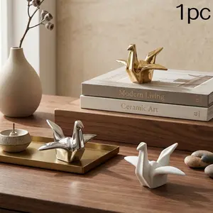 Elegant Ceramic Crane Paper Craft Decorative Piece, Minimalist Design Office Desk Accessory, Luxury Magazine Photography Prop