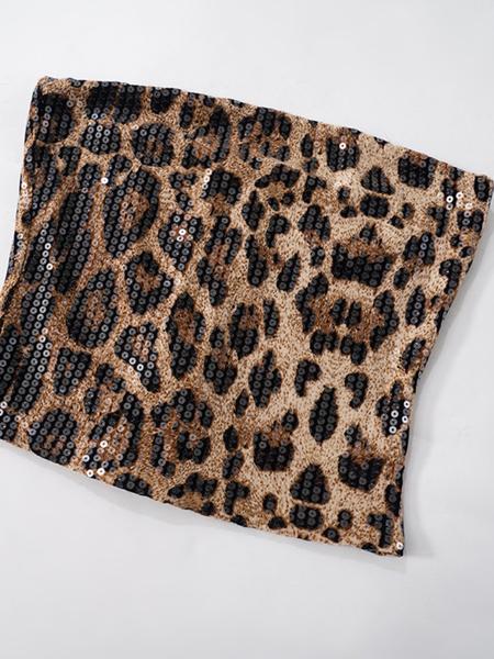 Women's Leopard Print Sequins Tube Top, Fashion Casual Strapless Top for Daily Outdoor Wear, Ladies Clothes for Summer