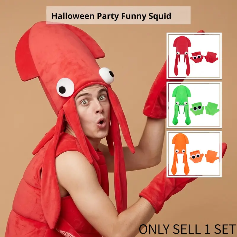 Spooky Squid Hat & Gloves Halloween Costume Set! Unique Party Costume Accessory, Cosplay Props For Party Show. Trendy Funny Look, Ideal For Halloween Parade, Cosplay Event & Holiday Dress Up