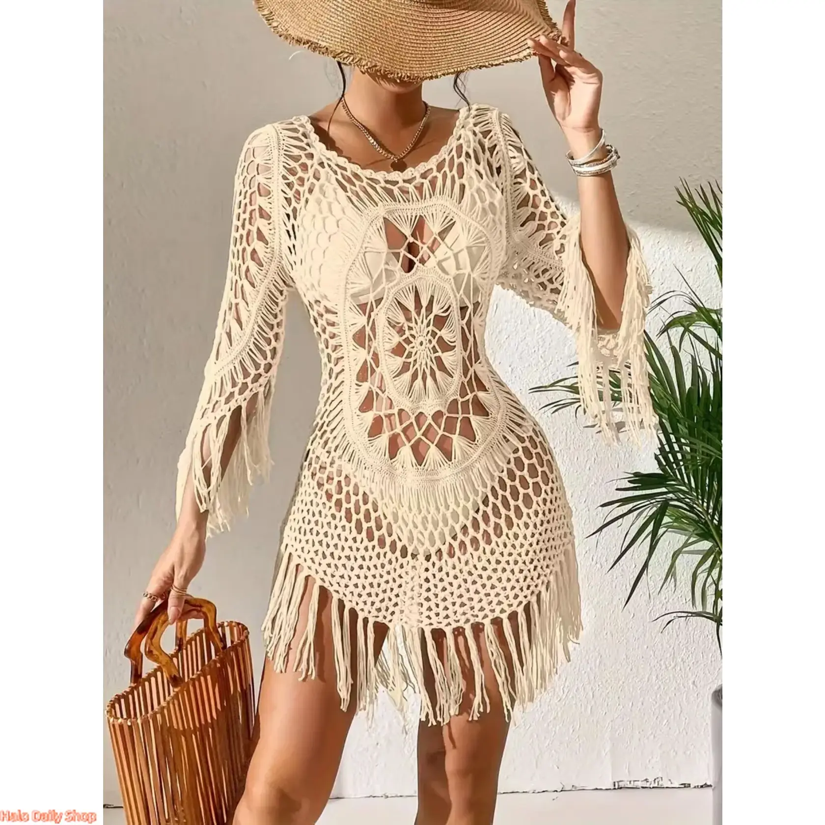 Female Wear 2026 New Hand-Crocheted Polyester Beach Skirt & Floral Hollow-Out Camisole Cover-Up Set with Tassel Trim, Sexy Look for Stylish Beach Outings, Anniversary Gift