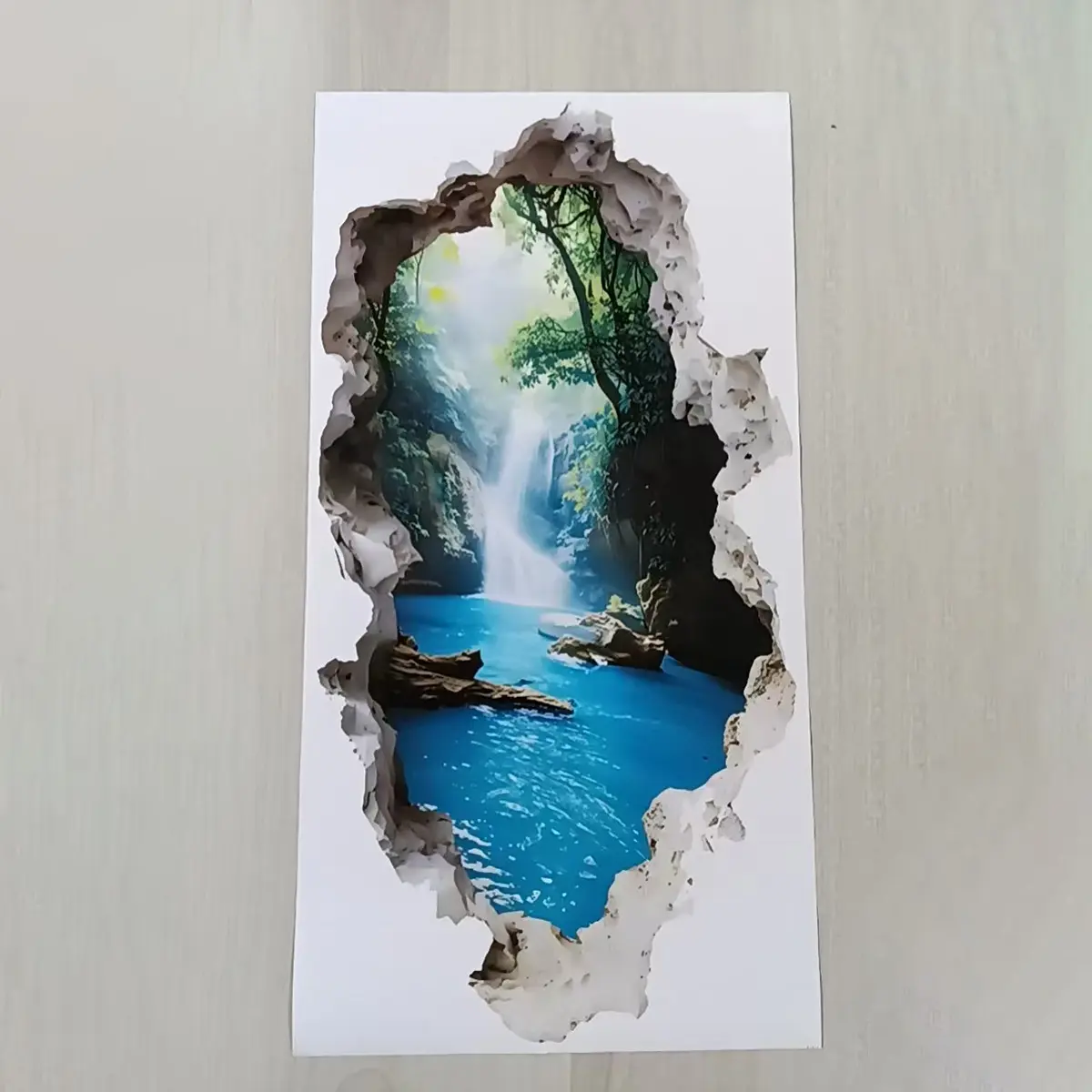Self-Adhesive Removable 3D Illusion Wall Panel, Turquoise Blue Waterfall & Forest Texture, Easy Accent Wall Peel And Stick Home Office Bathroom Interior Walls Decor