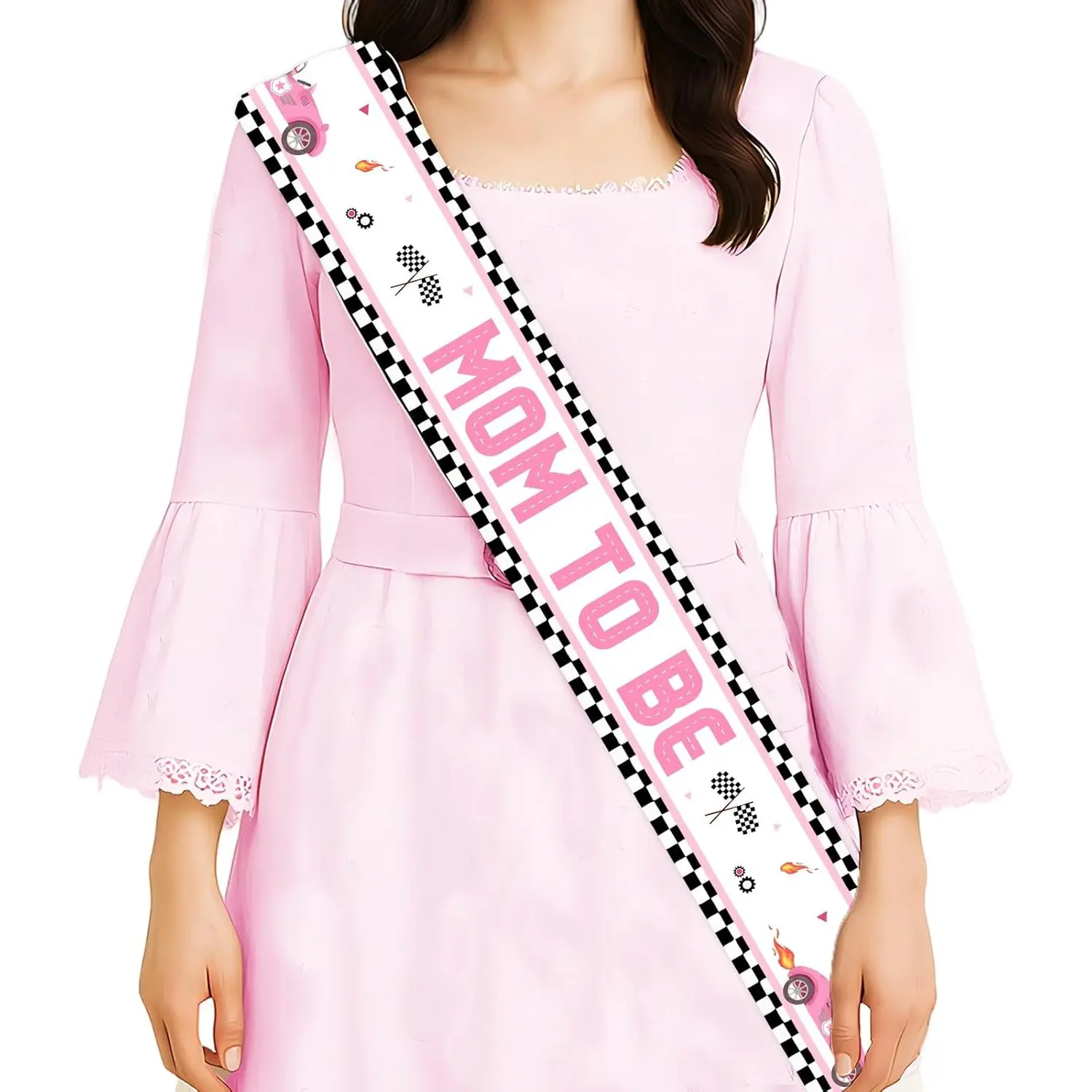1Set Racing Car Mom to Be Sash Pink Race Car Baby Shower Decorations Car Checkered Flag Sash for Pregnancy New Parents Photo Props Lets Go Racing Baby Shower Party Favors