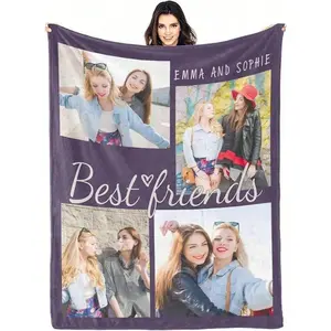 Personalized Girl Squad Memory Blanket, 4 Grid Best Friend Photo With Custom Names And Text Flannel Throw, Lightweight Air Conditioning Blanket, Friendship Anniversary Gift For Sister BFF, Keepsake Home Decor