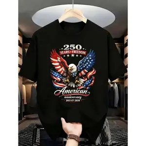 2026 USA 250th Anniversary Freedom Commemorative Men's Crew Neck T-Shirt - 100% Cotton, Micro-Stretchy, Comfortable Short Sleeve, Patriotic Classic Retro Streetwear, Flag Graphic, Multiple Sizes, All Seasons Outfits Gift, Menswear Top