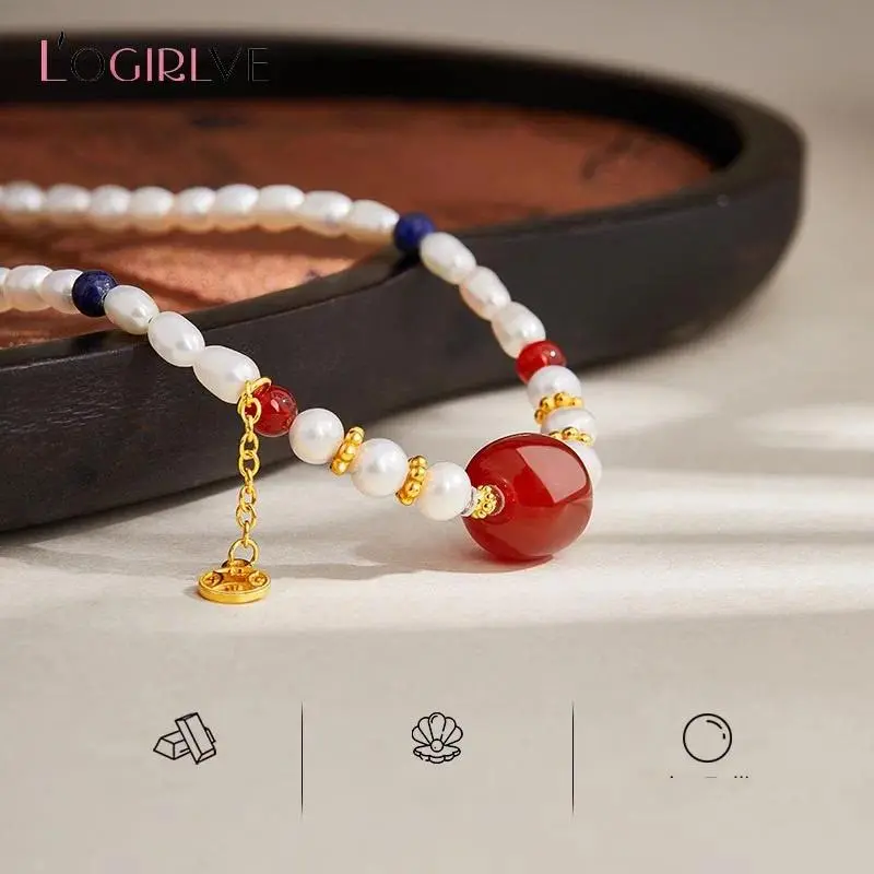 Women's S925 Sterling Silver Vintage Beaded Necklace - Natural Pearls, Blue-Red Agate Natural Crystal Pendants, Female Adult Metal Jewelry, Drop Shipping Services Available