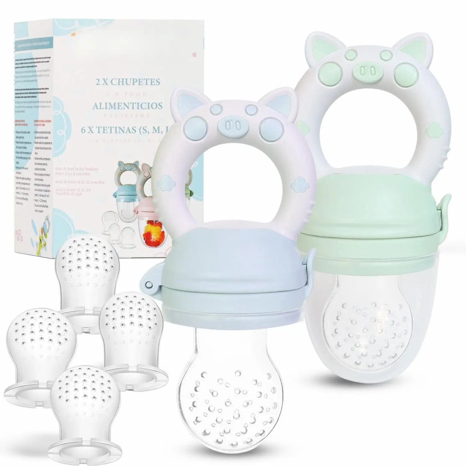 Baby Fruit Feeder Pacifier - BPA-Free Silicone Baby Food Feeder  Self-Feeding - Teething Relief - 4+ Months, 6 Silicone Nipples - 2 Pack Fresh Fruit Pacifier Frozen Teether - Blue & Green
