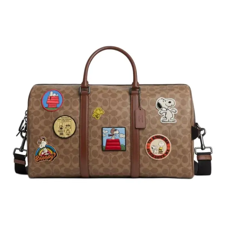 Coach x Peanuts Signature 45 Ventura Boston Bag for Women – Coated Canvas and Leather, Crossbody/Shoulder/Handheld Travel Tote in Tan Brown
