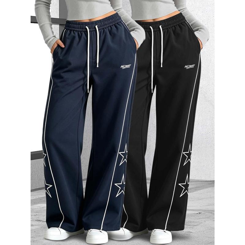 Women’s Loose-Fit Y2K Linear Star-Letter Print Black Outdoor Wear Bottoms, Female Casual Spring-Summer Street Style Pants