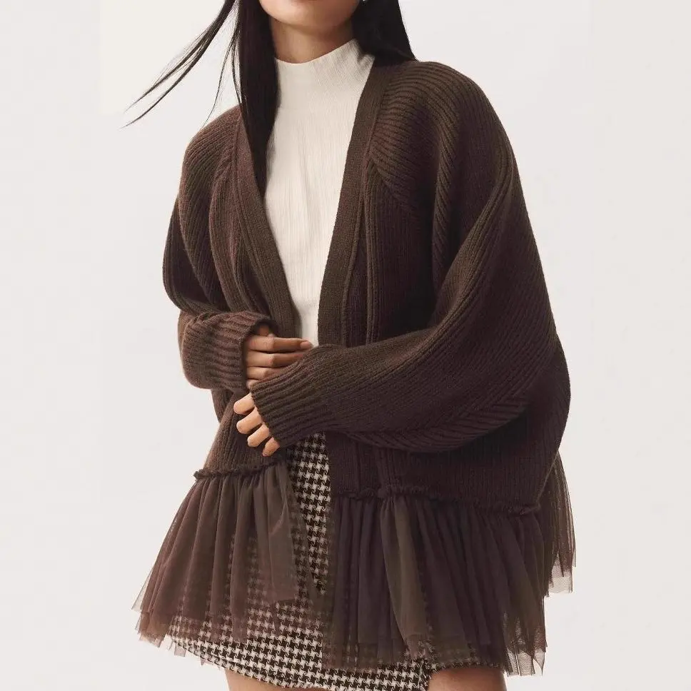 Women'S Elegant Loose-Fit Tulle Ruffle Hem Cardigan Coat with Open Front & Round Neckline - Lightweight Warm Long Sleeve Sweater for Spring/Fall, Casual to Semi-Formal Outfits, Solid Color Layered Outerwear (, Versatile Everyday to Special Occasion)