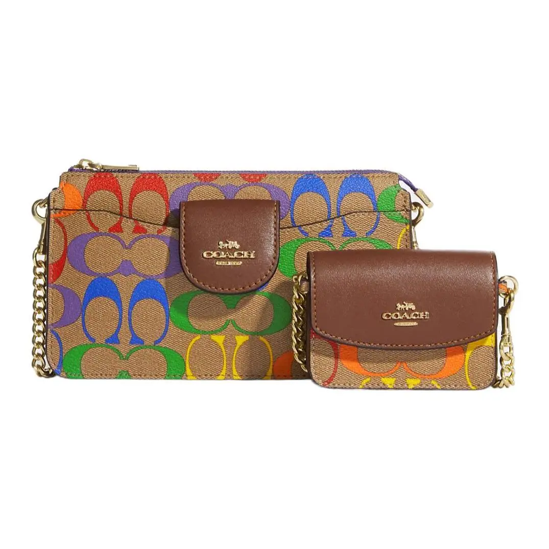 Coach Poppy 21 Double Bag Crossbody for Women – Printed Coated Canvas and Smooth Leather in Brown Rainbow
