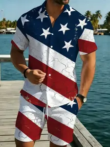 Men's Flag Pattern Short Sleeve Shirt Set, Summer Casual Beach Two-Piece, Fashion Print Male Clothing, Export Trendy Style