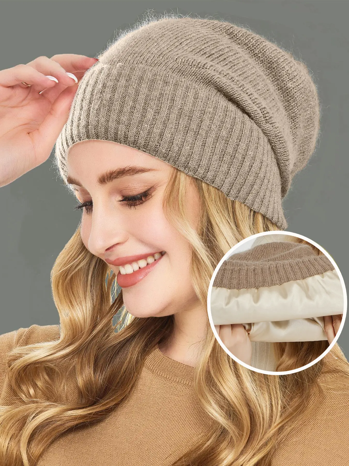 New Wool Blend Satin Lined Knit Beanie Hat, Lightweight Unisex Soft Loose Fit Warm Cap for Fall & Winter, Casual Style, Knitted Hat