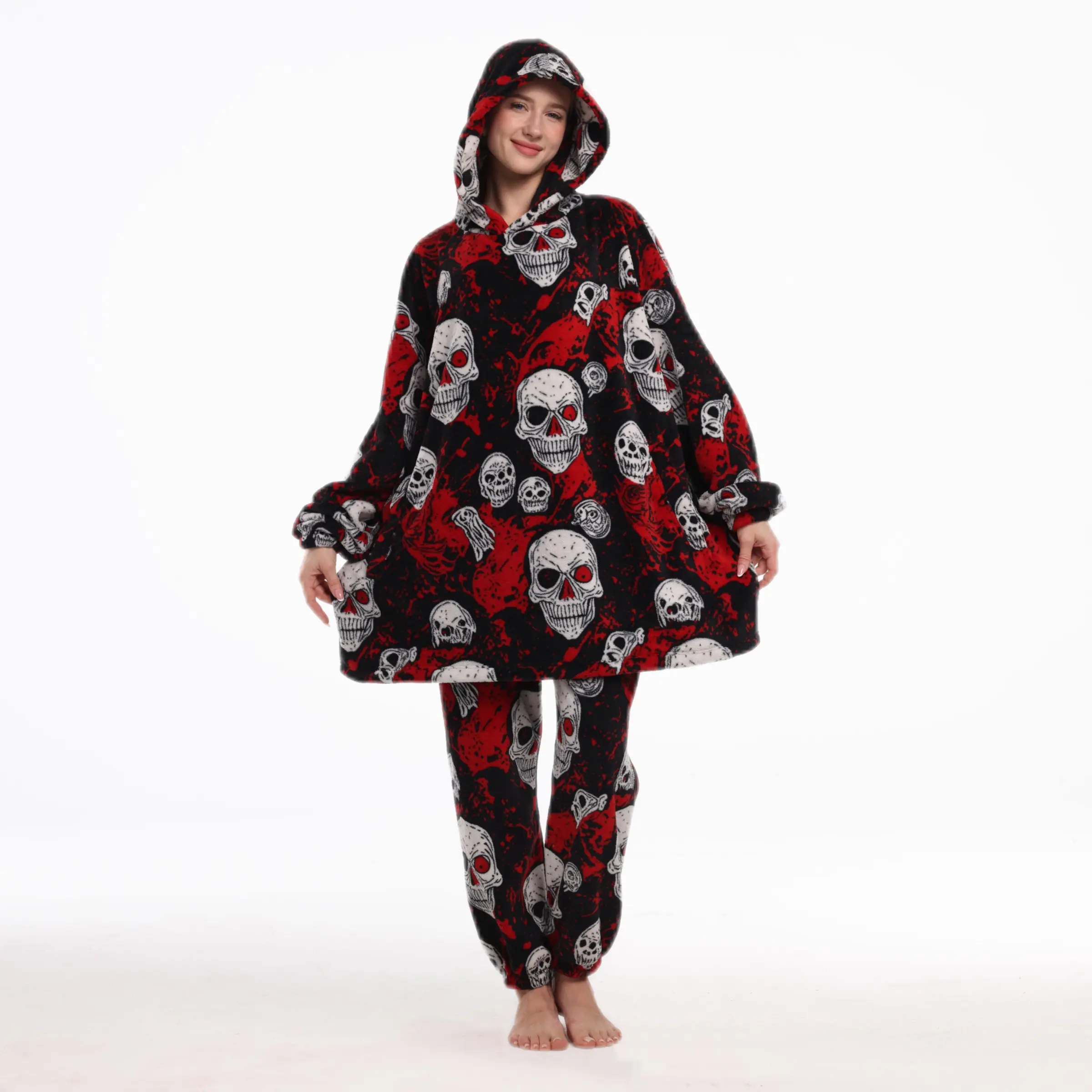 Halloween Skull Print Wearable Blanket Set, Unisex Loungewear, Hooded Pants with Pockets, Fall Winter, Perfect Gift