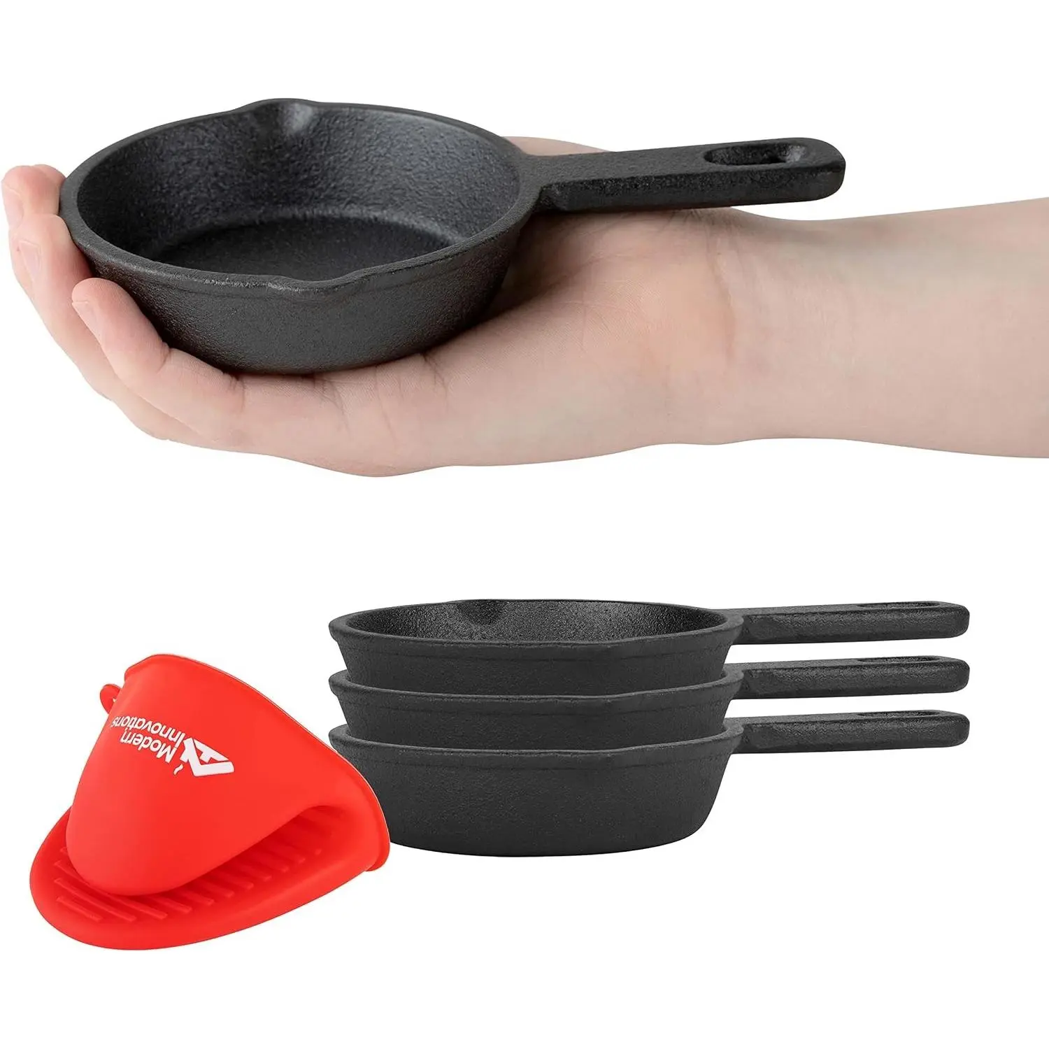 Modern Innovations 4 Pack 3.5 Inch Pre-Seasoned Mini Black Cast Iron Skillet Set with Silicone Mitt, Small Frying Pans Perfect for Baking Cookies Brownies Frying Eggs