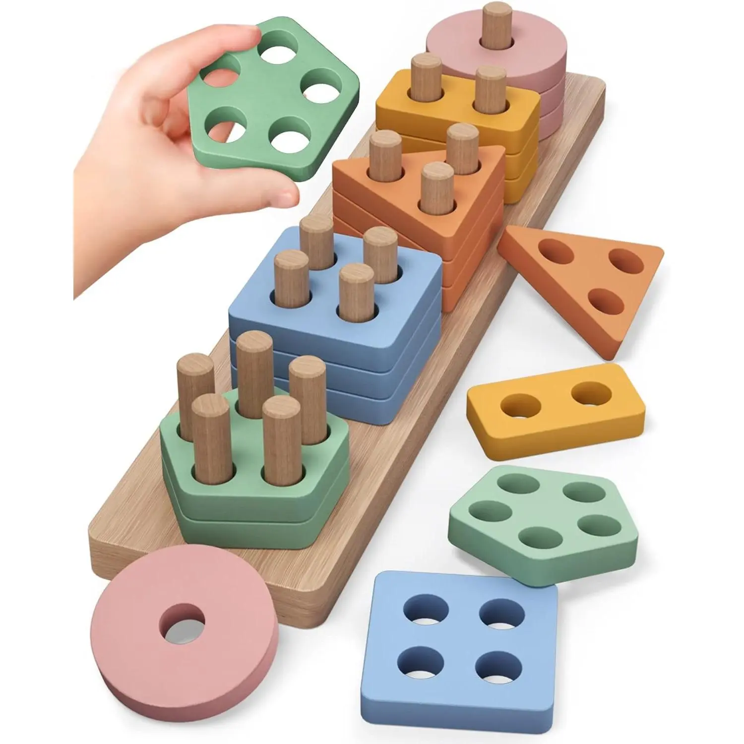 Montessori Toys for 1 2 Year Old, Wooden Sorting and Stacking Toys for Toddlers, Baby Shape Sorter and Color Stacker Blocks for Toddler, Preschool Learning Toy, Gift for 12-18 Month Boys Girls
