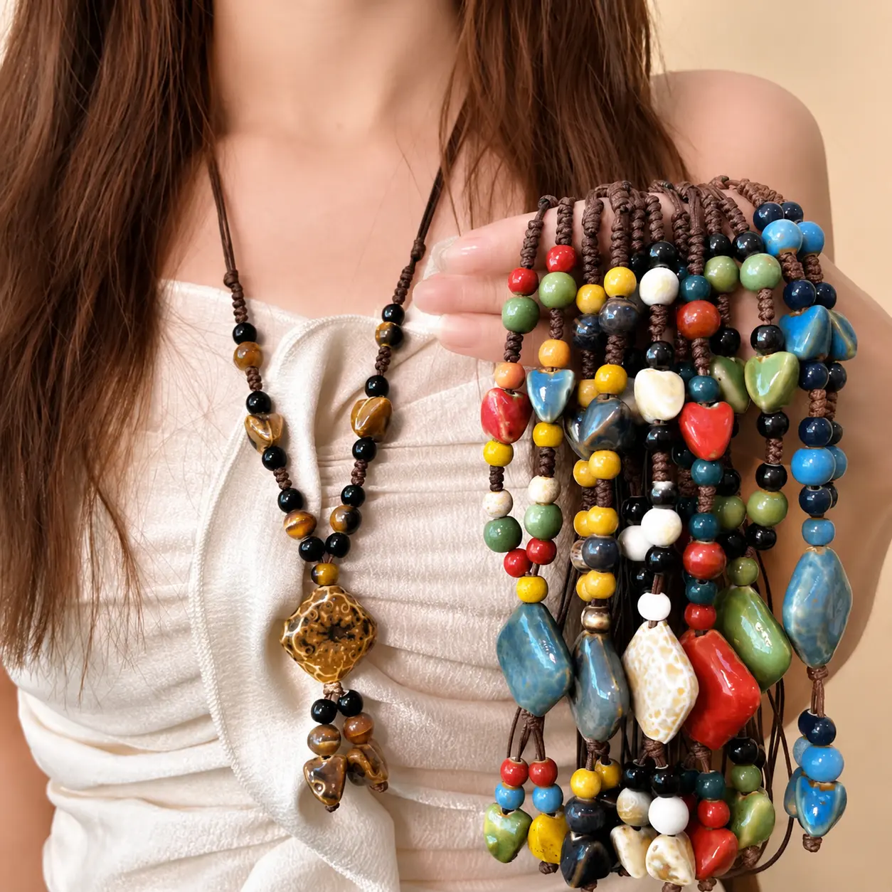 Boho Vintage Beaded Necklace for Women Adjustable Long Ceramic Beads Pendant | Vibrant Colorful Ceramic Beads Handmade,Daily/Party Wear, Bohemian Daily Vacations, Party Wear, Jewelry, Holiday Gift