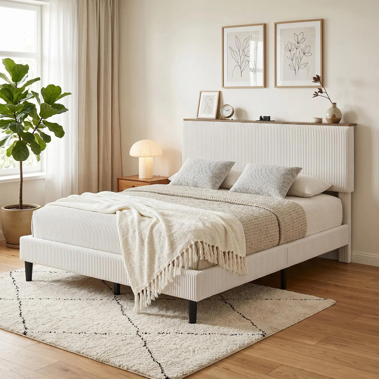 Twin/Queen Beige Corduroy Upholstered Platform Bed – LED Lighting & Charging Station, Storage Headboard, 900 lbs Support – No Box Spring, Easy Assembly