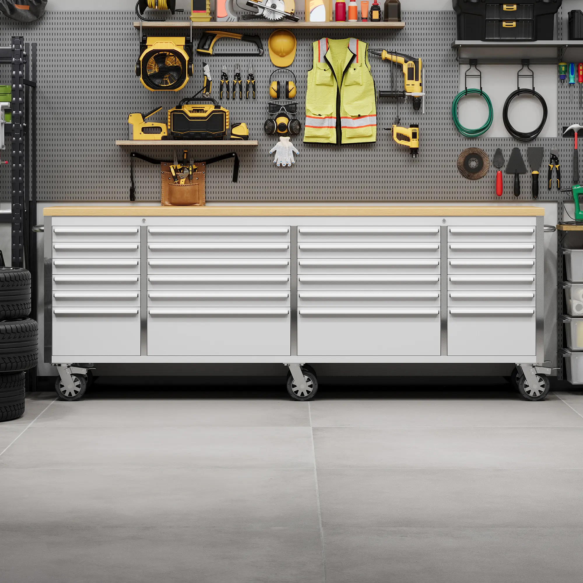 Hosslly Industrial Steel Heavy-Duty Pre-Assembled Rectangular Rolling Workbench - 96in Single Unit, 24 Drawers, 500lbs Top Capacity, Central Lock, 6in Casters Base - Garage Workshop Furniture