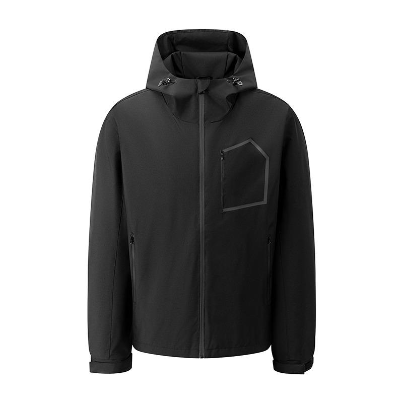 Men's Waterproof Soft Shell Hooded Jacket, Windproof Outdoor Hiking Windbreaker with Geometric Pocket, Casual Streetwear