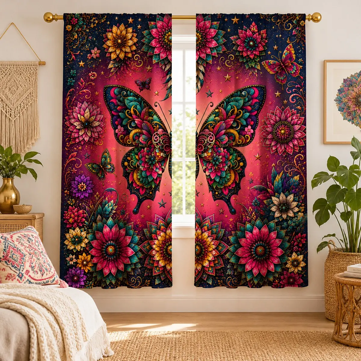 Boho Mandala Butterfly Curtain Set, 2-Piece Blackout Starry Multicolor Ethnic Floral Print, Bedroom Vintage Boho Window Decor