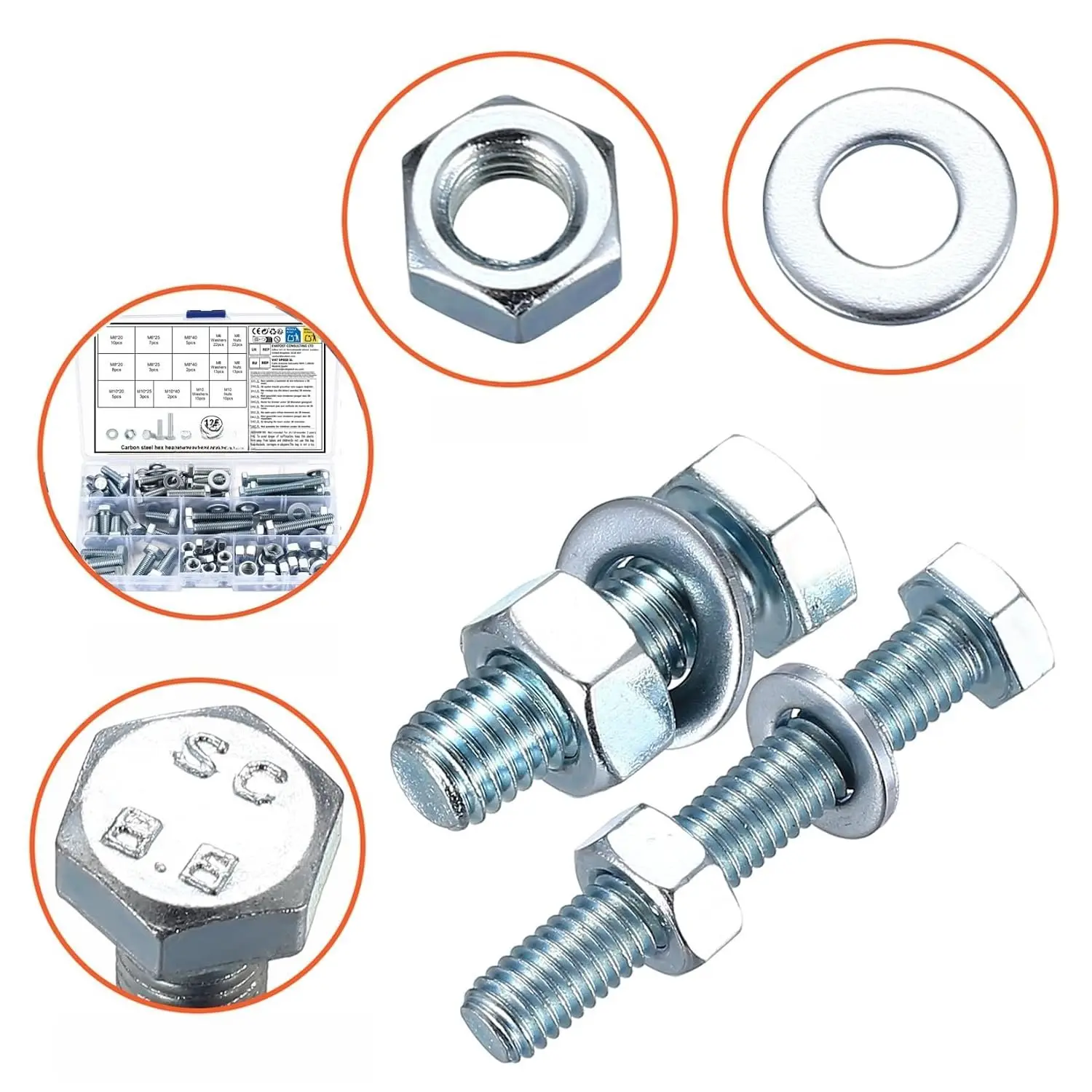 135 count M6 M8 M10 Hex Bolt  Kit, White Zinc Plated Hex   with Nuts and Washers, Metric Machine Screw Set for Workshop and Garage