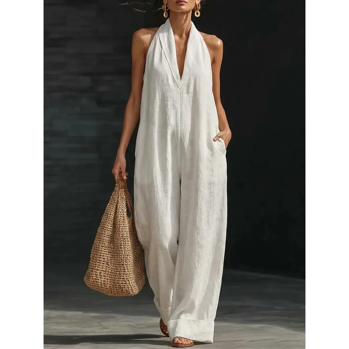 2026 plus size new arrivals European and American cross-border linen jumpsuits, simple, elegant, comfortable, soft, lightweight overalls for women, available in multiple colors: white, black, wine red, green, perfect for daily casual and vacation wear