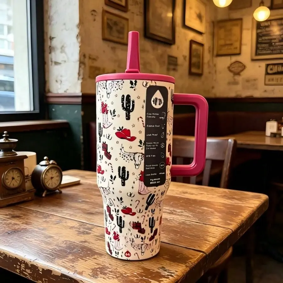 Retro Camo 40Oz HydroJug Tumbler, Large‑Capacity Insulated Stainless Steel Cup With Handle Straw, Leakproof Travel Car Mug for Outdoor & Daily Use