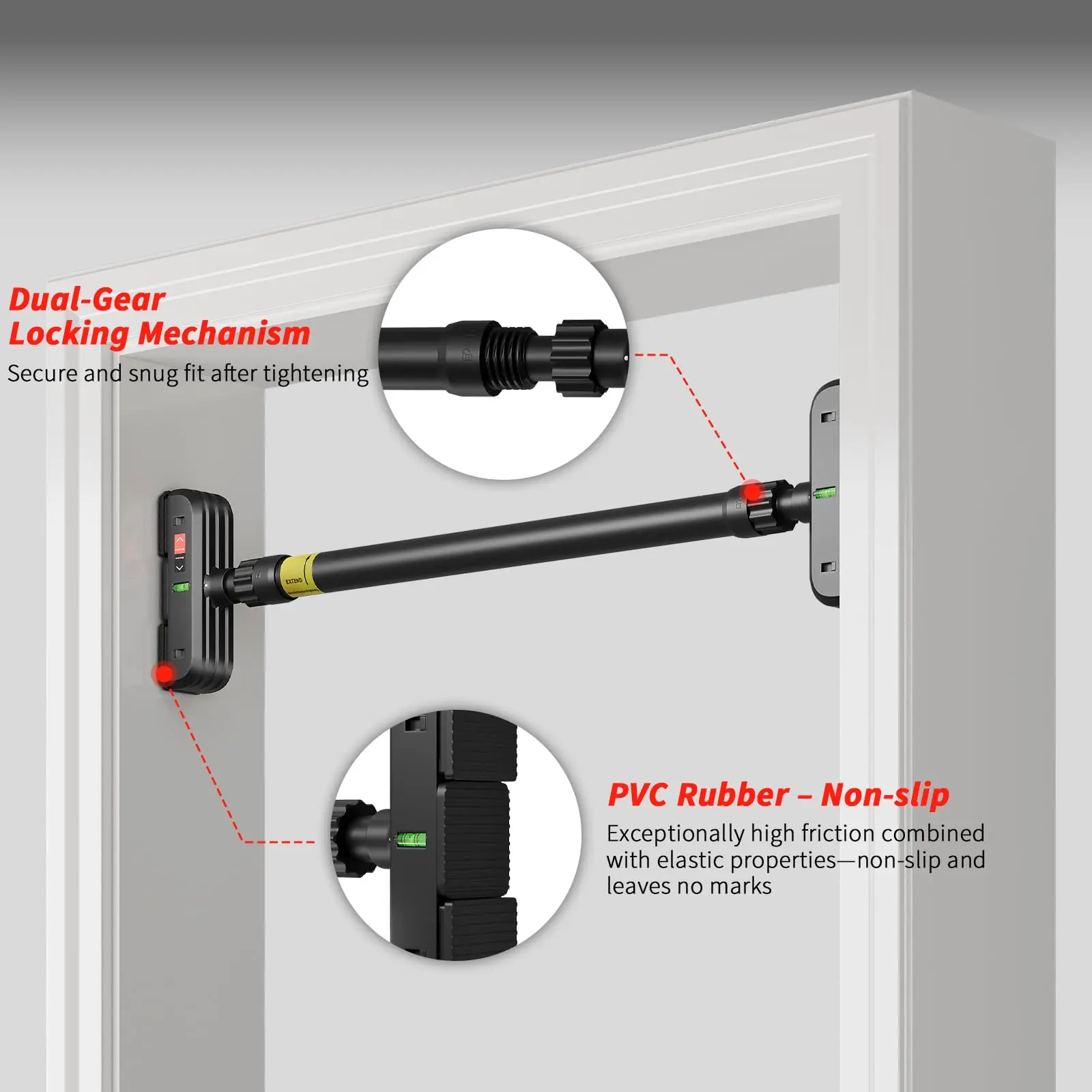 Adjustable Pull Up Bar for Doorway – No-Drill Installation, 72–110cm Fit, 200kg Capacity, 30mm Non-Slip Foam Grips, Carbon Steel, Double Gear Lock, Level Included, Black