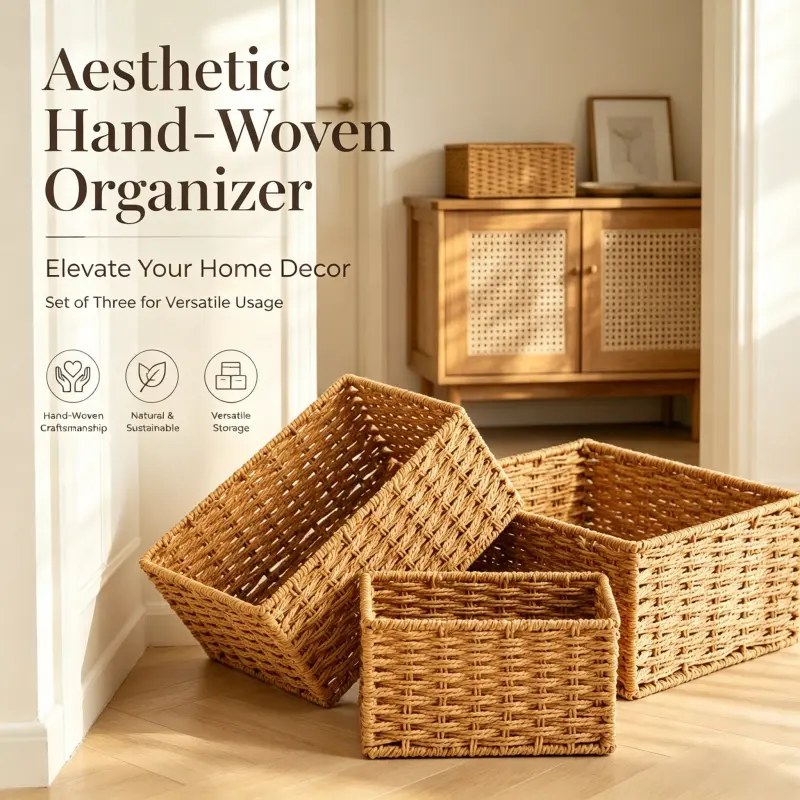 Aesthetic Hand-Woven Rectangular Storage Baskets 3 Pack Natural Paper Rope Versatile Decor Organizer Bins Baskets For Closet Organization For Closet Countertop Bedroom Pantry