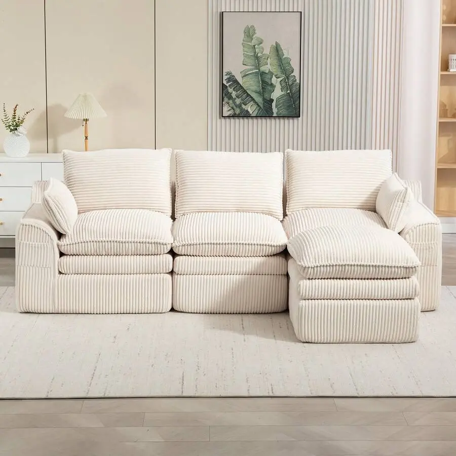 Rhomtree L-Shaped Modular Corduroy Sectional Sofa with Three Pillows and Two Lumbar Pillows, Compressible Cloud Couch with Plush Cushions, No Assembly Required Sofa for Living Room.