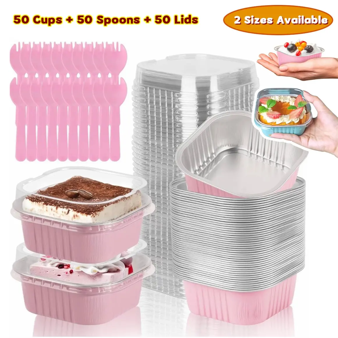 50 Pack Mini Square Aluminum Foil Cake Pans with Matching Lids & Spoons, 2 Sizes Available, Multipurpose Aluminum Baking Containers & Cupcake Liners, Essential Bakeware Supplies for Weddings, Birthdays, Picnics, Halloween & Christmas Holiday Parties