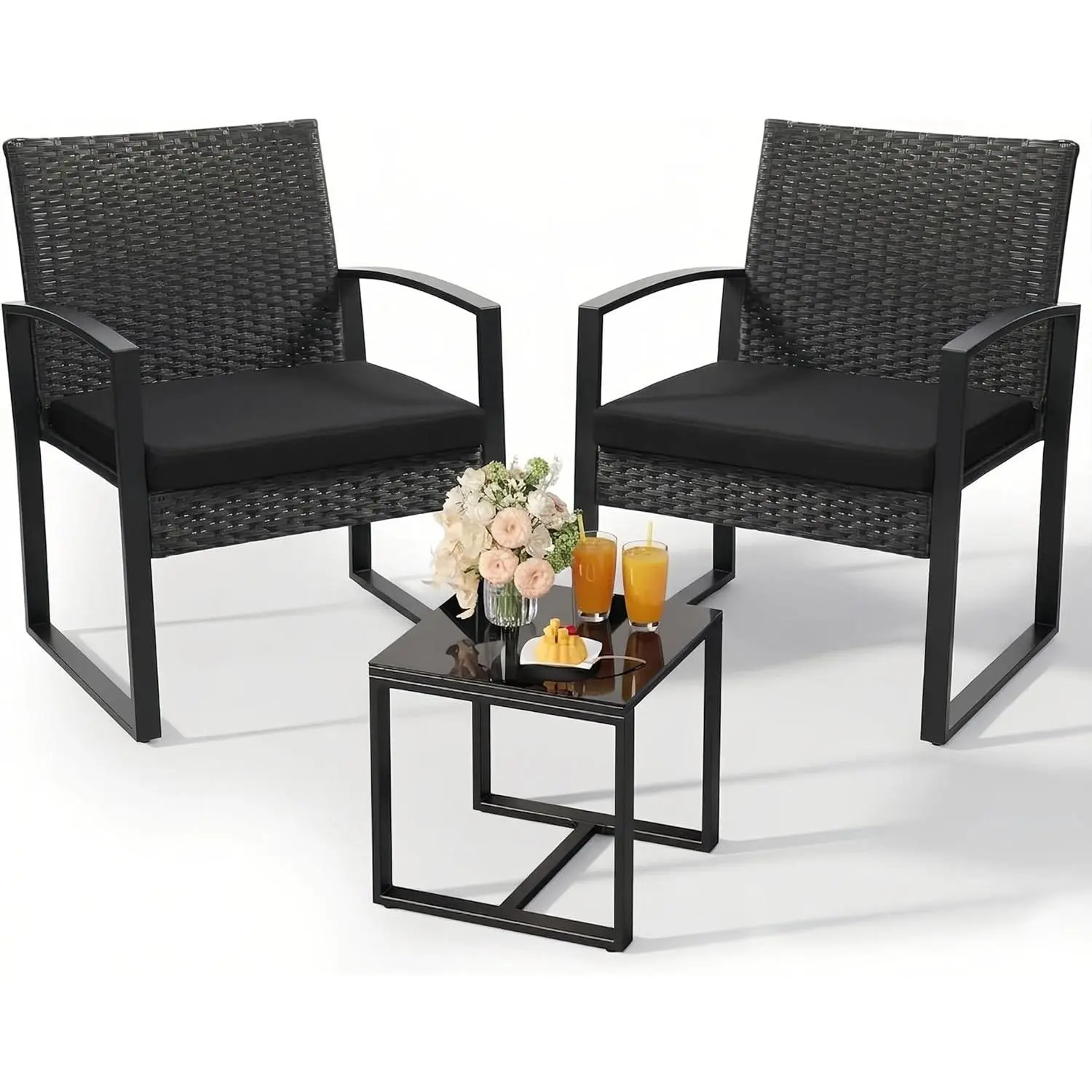 3-Piece Patio Bistro Set - Outdoor Rattan Conversation Chair Set with Glass Coffee Table & Cushions - Perfect for Balcony, Porch, Garden, Poolside, Black/Black