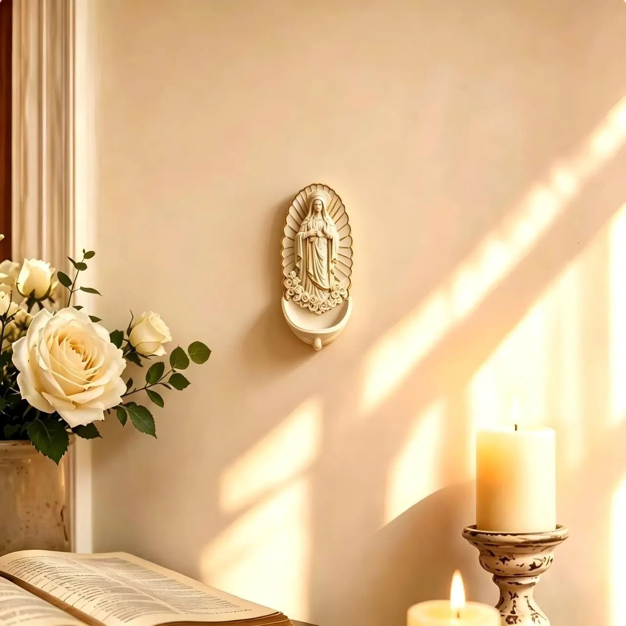 Elegant Wall-Mounted Resin Holy Water Font with Bead Organizer, Ideal for Church, Home, and Room Decor, Stylish Religious Accessories, Religious Decoration