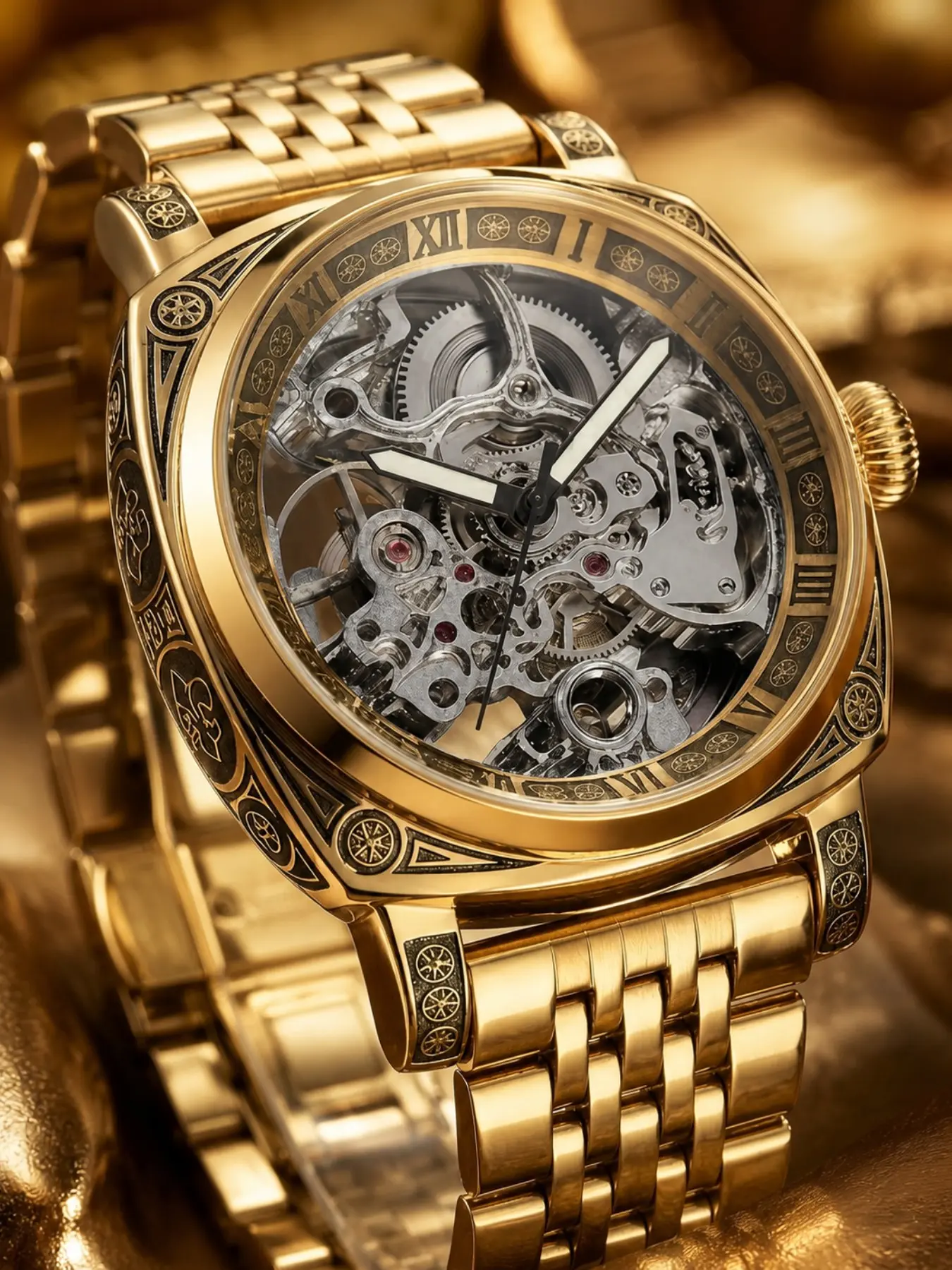 Vintage Engraved Full Open Automatic Mechanical Watch, Round Analog Face, Roman Numerals, Luminous Hands, Solid Pattern
