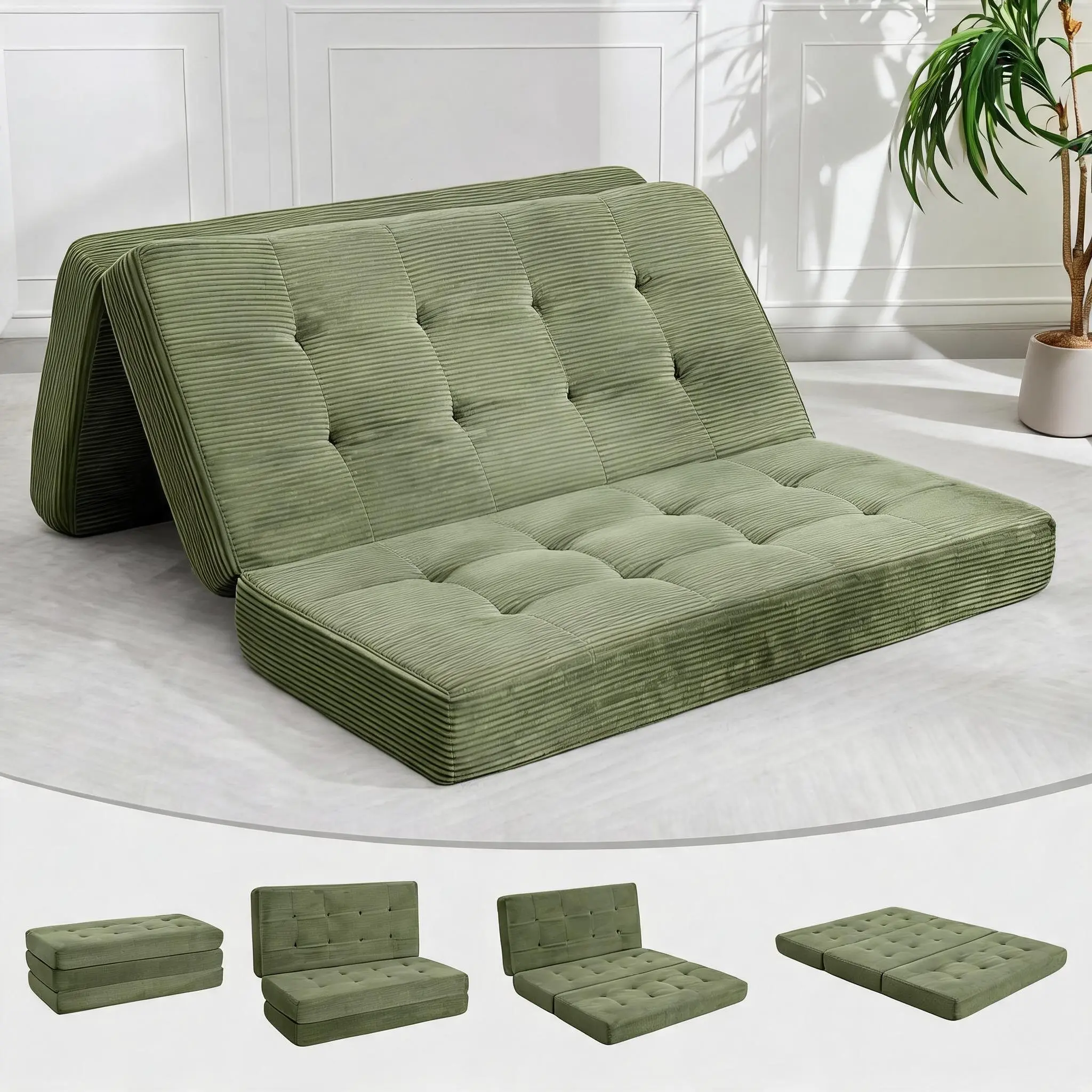 Twin Size Convertible Tri-Fold Memory Foam Corduroy Couch Bed - 6-Inch Thick Tufted Folding Mattress - Portable Guest Bed for Adults, Bedrooms, 39"x75"