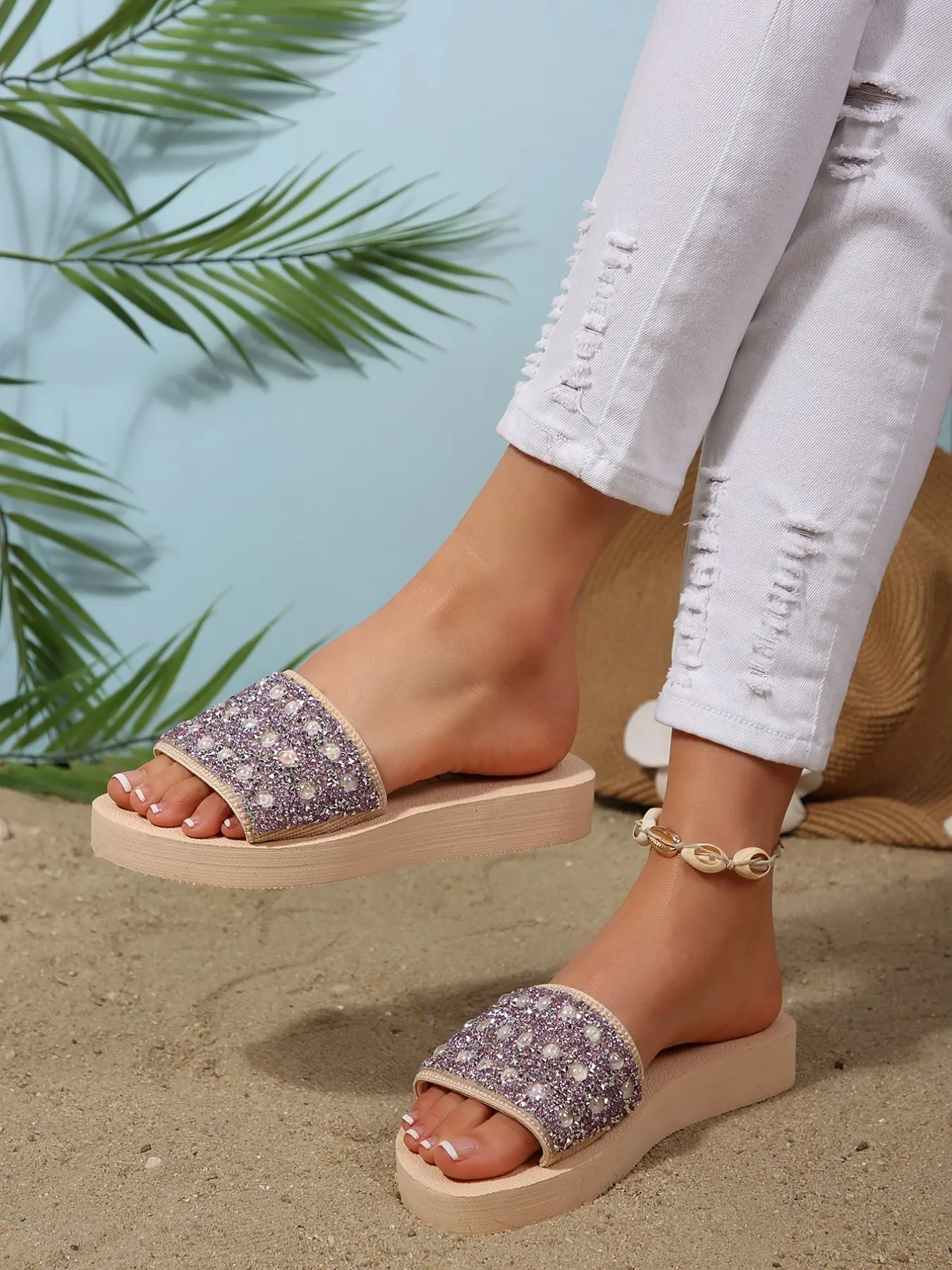 Women's Summer Slippers, Fashionable Textile Eva Sole, Random Print Design, Comfortable Wedge Heel, Non-Slip Home & Outdoor Use