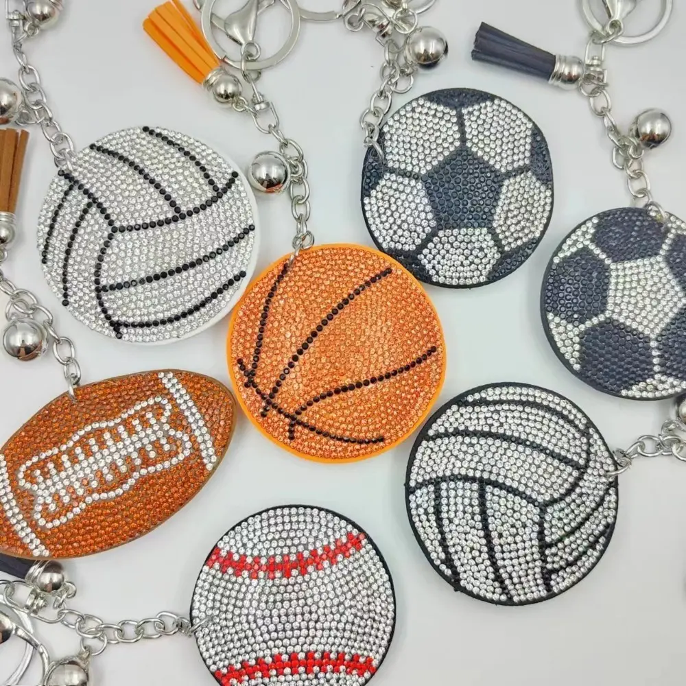 Creative Full Rhinestone Sport Ball Keychain for Teen Boys Girls, Football Basketball Volleyball Baseball Pendant with Soft Fabric Tassel, Anti-Rust Metal Lobster Clasp Mini Korean Japanese Bag Charm, Ideal Sport Fan Gift for Campus & Daily Carry