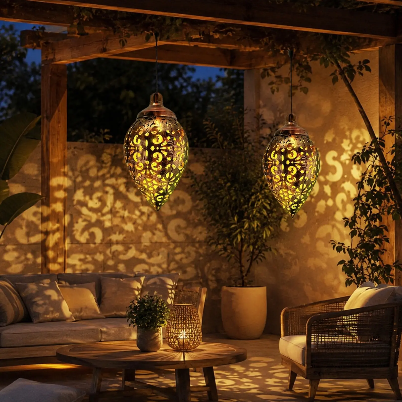 2 Pack Solar Hanging Lanterns Outdoor, Teardrop Metal Decorative Lights with Warm Amber Glow, Solar Powered Moroccan Garden Lanterns for Patio Porch Yard Tree Balcony Decor