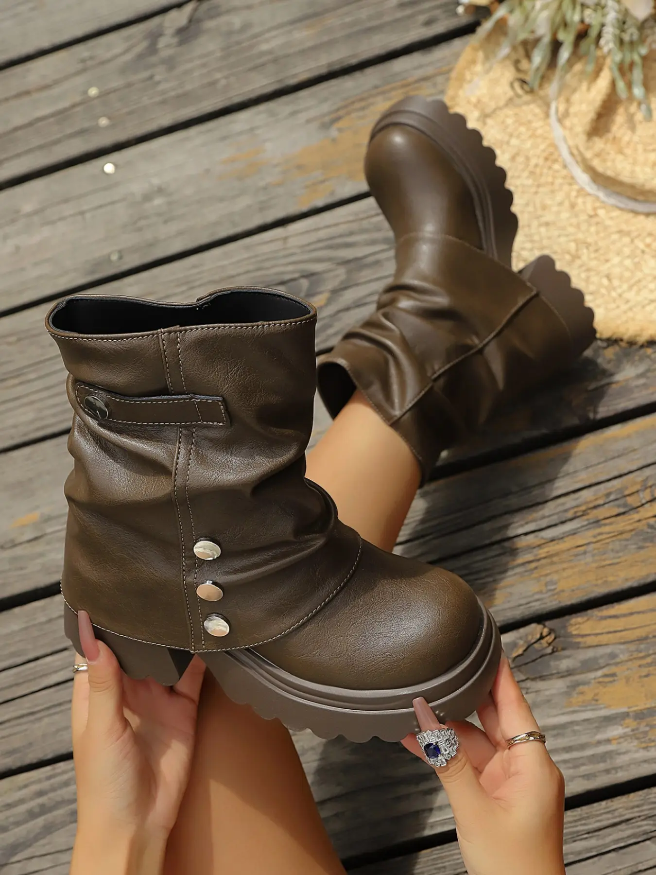 New Arrival Women's Chunky Heel Mid-Calf Boots, Retro Metal Buckle, PU Leather, Rubber Sole, Fashionable Fall & Winter Footwear