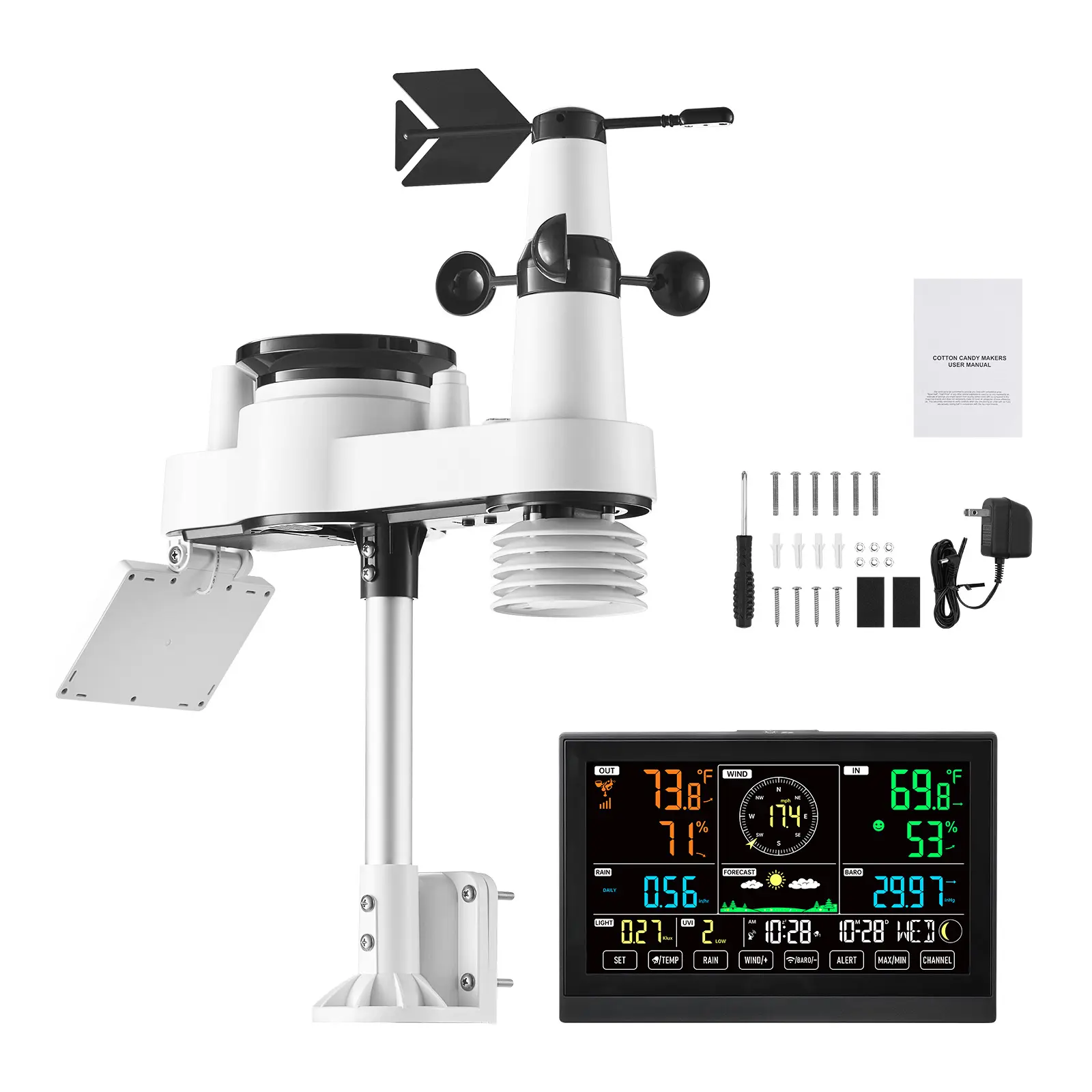 7-in-1 Wireless Weather Station, 7.5-Inch VA Display, Solar Powered Outdoor Sensor, Rain Gauge, Indoor Outdoor for Weather Forecast, Temperature, Humidity, Wind Speed and Direction (No WiFi)